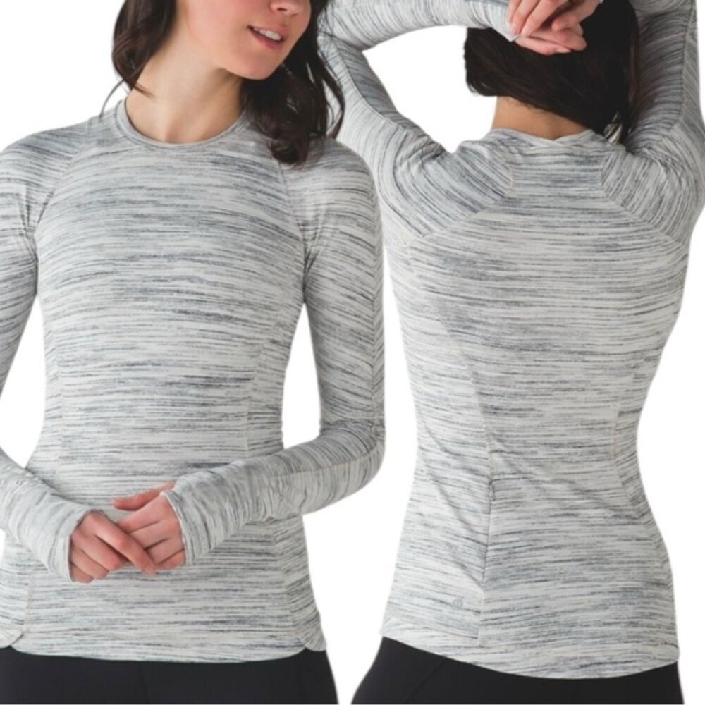 lululemon athletica Heathered White and Gray Long Sleeve Performance Top